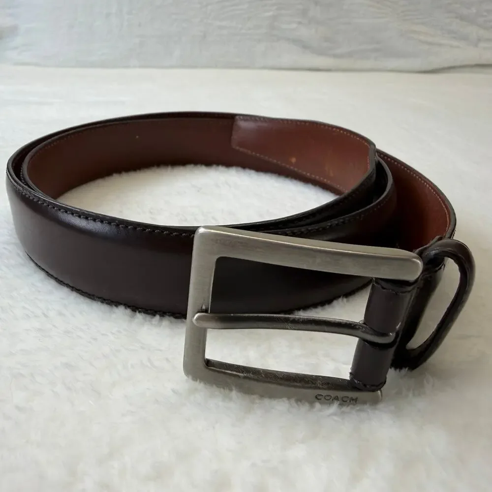Coach Men's Brown Genuine Leather Belt Silver Buckle Size 38